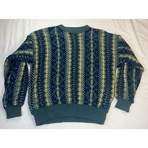 Claiborne Teal Sweater Size Large Aztec Print 90S Cosby Style Mens